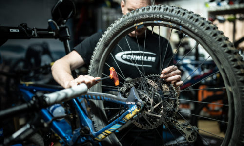 Técnico ajustando la rueda trasera de una bicicleta de montaña en un taller especializado.